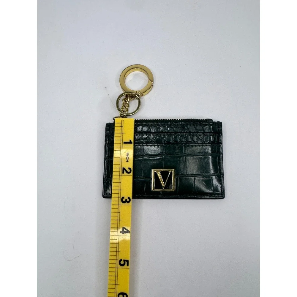 Victoria's Secret Dark Green Croc Embossed Card Case Keychain Gold V Logo Zipper